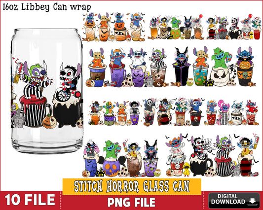 Stitch horror glass can tumbler bundle PNG, Stitch horror Glass Can PNG Silhouette, digital download , Instant Download