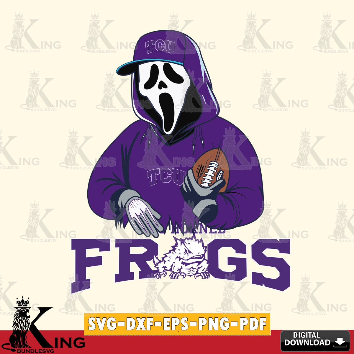 Digital download featuring TCU Horned Frogs Ghostface Scream player Football, SVG PNG files perfect for Cricut and Silhouette