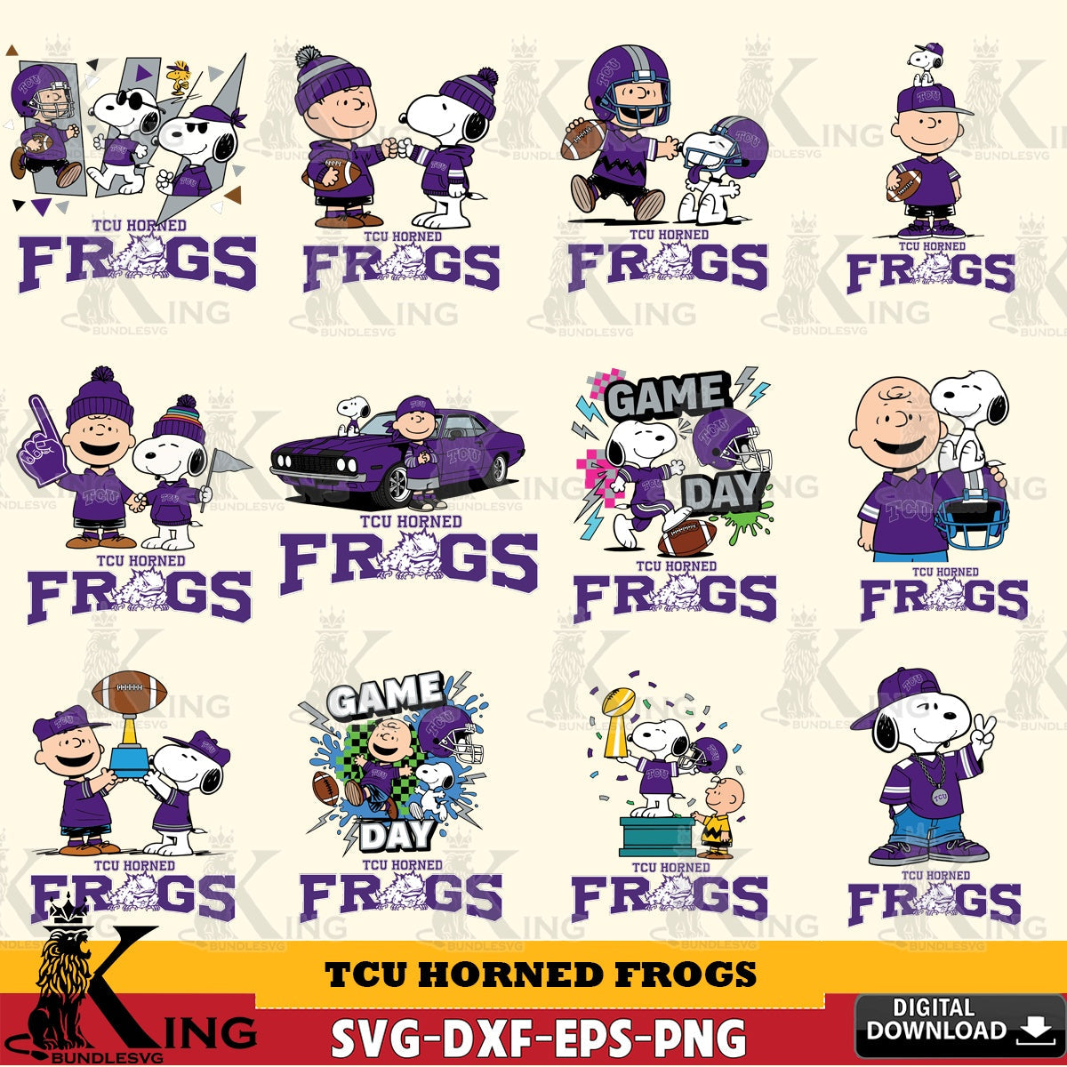 TCU Horned Frogs Peanuts Football NCAA Bundle SVG, Cricut, Cut file , Digital Download , Instant Download, Peanuts svg, NCAA svg, Football svg, Sport svg