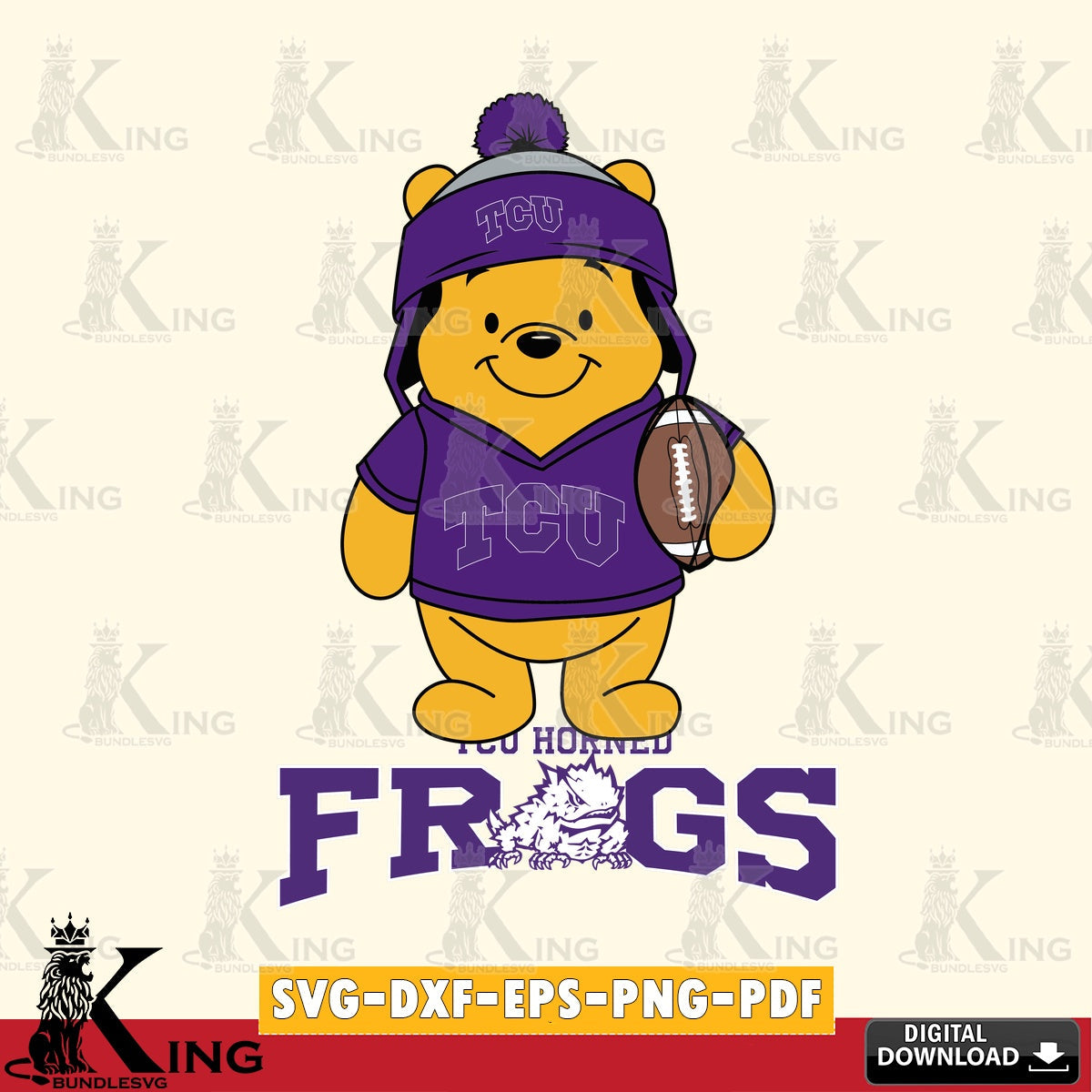 Stylish representation of TCU Horned Frogs Winnie the Pooh player Football, a digital download for Cricut Maker and paper crafts