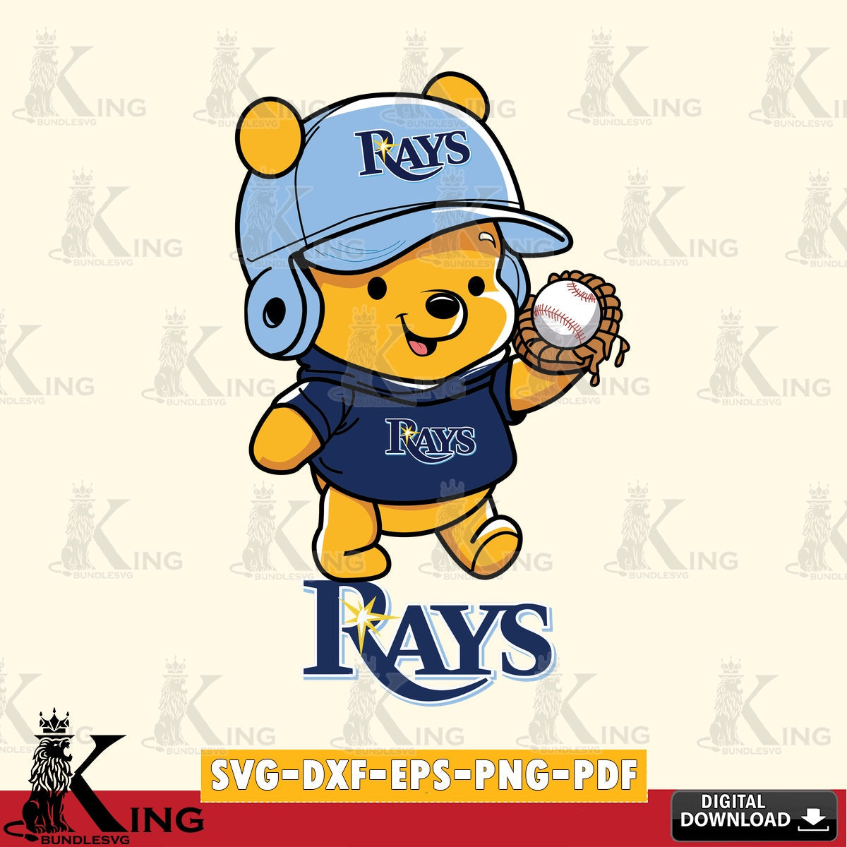 Digital clipart of Tampa Bay Rays Pooh Bear baseball, a digital download for Cricut Maker and paper crafts
