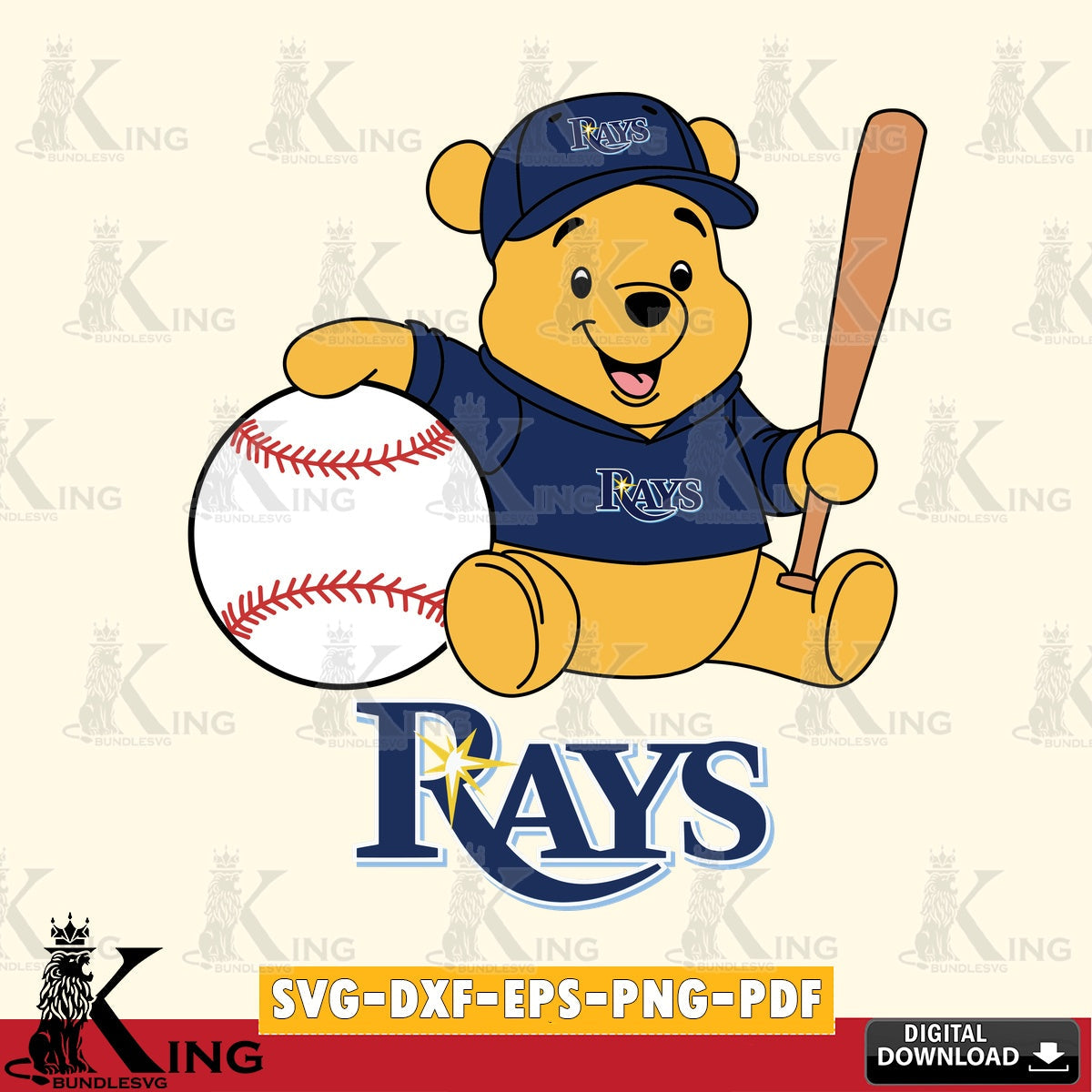 Digital download featuring Tampa Bay Rays Winnie the Pooh baseball star player, versatile clip art for stickers, decals, and mugs.