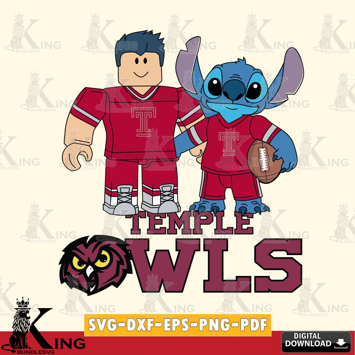 Digital download featuring Temple Owls Roblox & Stitch Football NCAA cut file, digital download for Cricut Maker and paper crafts