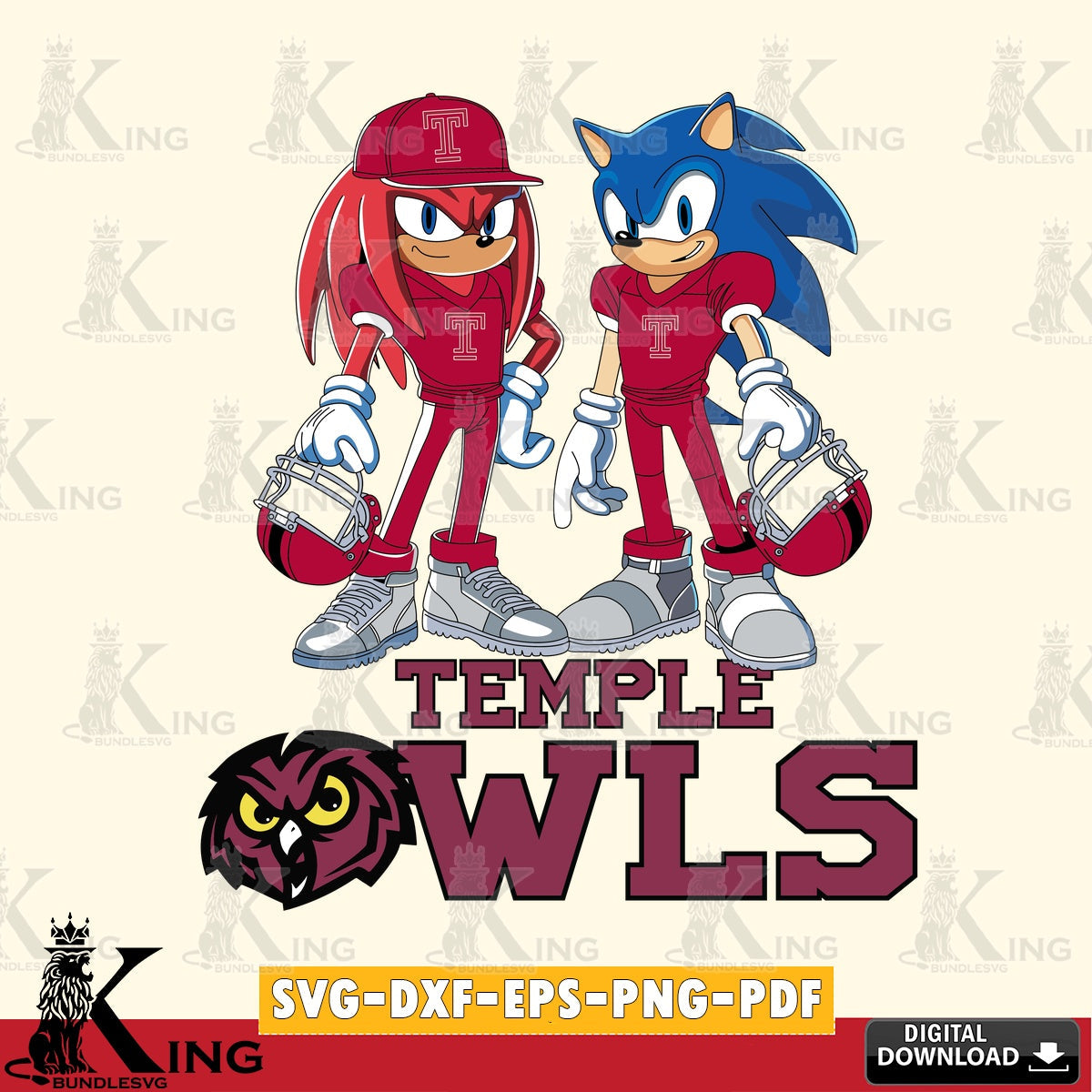 Unique artwork depicting Temple Owls Sonic And Knuckles football player PNG clipart for sublimation printing and graphic design