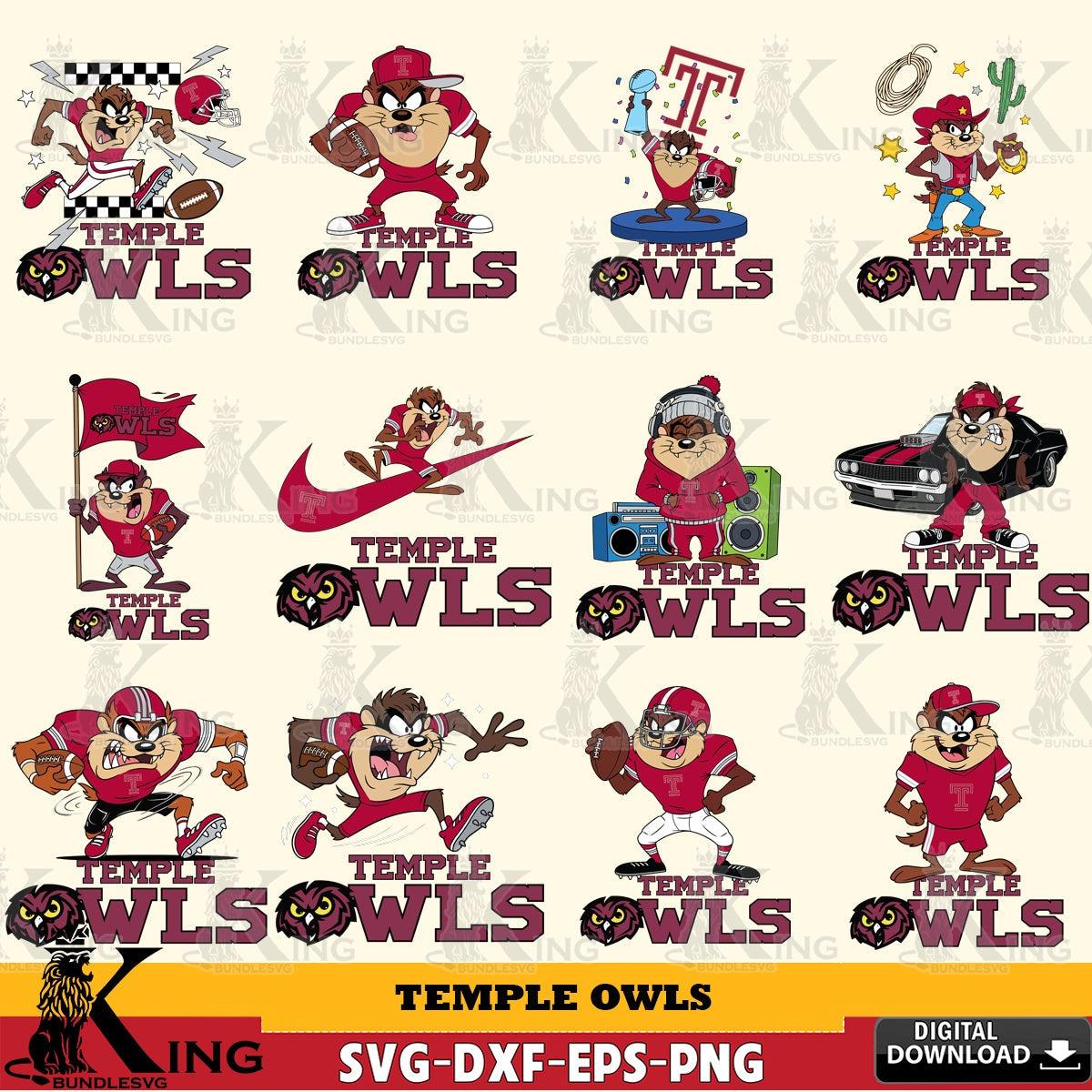 Temple Owls Taz Football NCAA Bundle SVG file, Cut file , Digital Download , Instant Download, Taz svg, NCAA svg