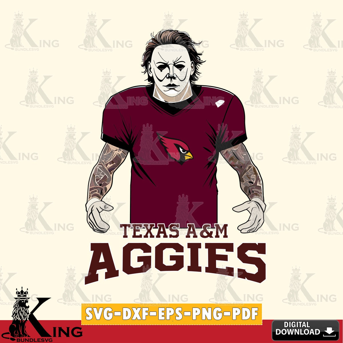 Artistic drawing of Texas A&M Aggies Michael Myers tattoo football, digital clipart compatible with laser engraving and cutting