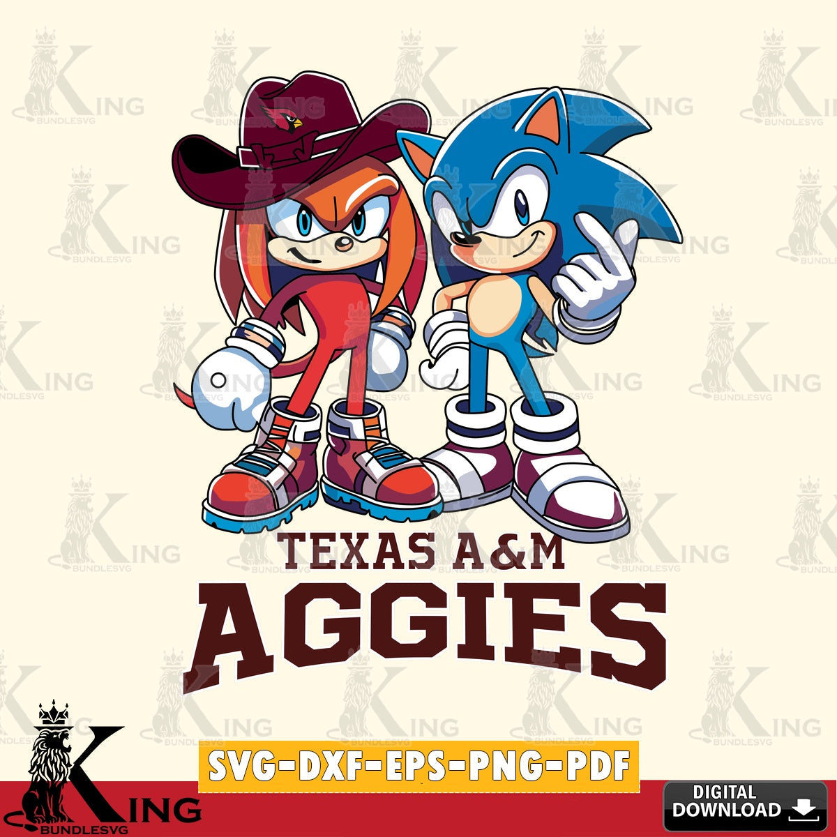 Hand-drawn style art of Texas A M Aggies Sonic & Knuckles football mascot vector illustration for POD merchandise and apparel
