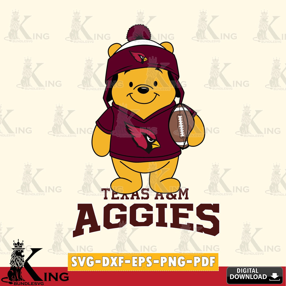 Detailed illustration of a Texas A&M Aggies Winnie the Pooh player in football PNG clipart for sublimation printing and graphic