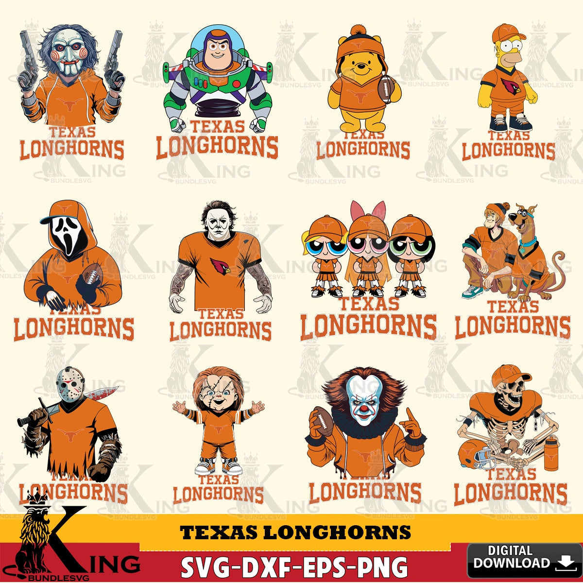 Huge collection of Texas Longhorns Cartoon Football NCAA bundle vector illustration for POD merchandise and apparel