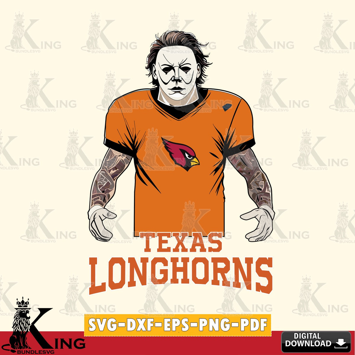 High-quality graphic of a Texas Longhorns Michael Myers tattoo football, PNG clipart for sublimation printing and graphic design