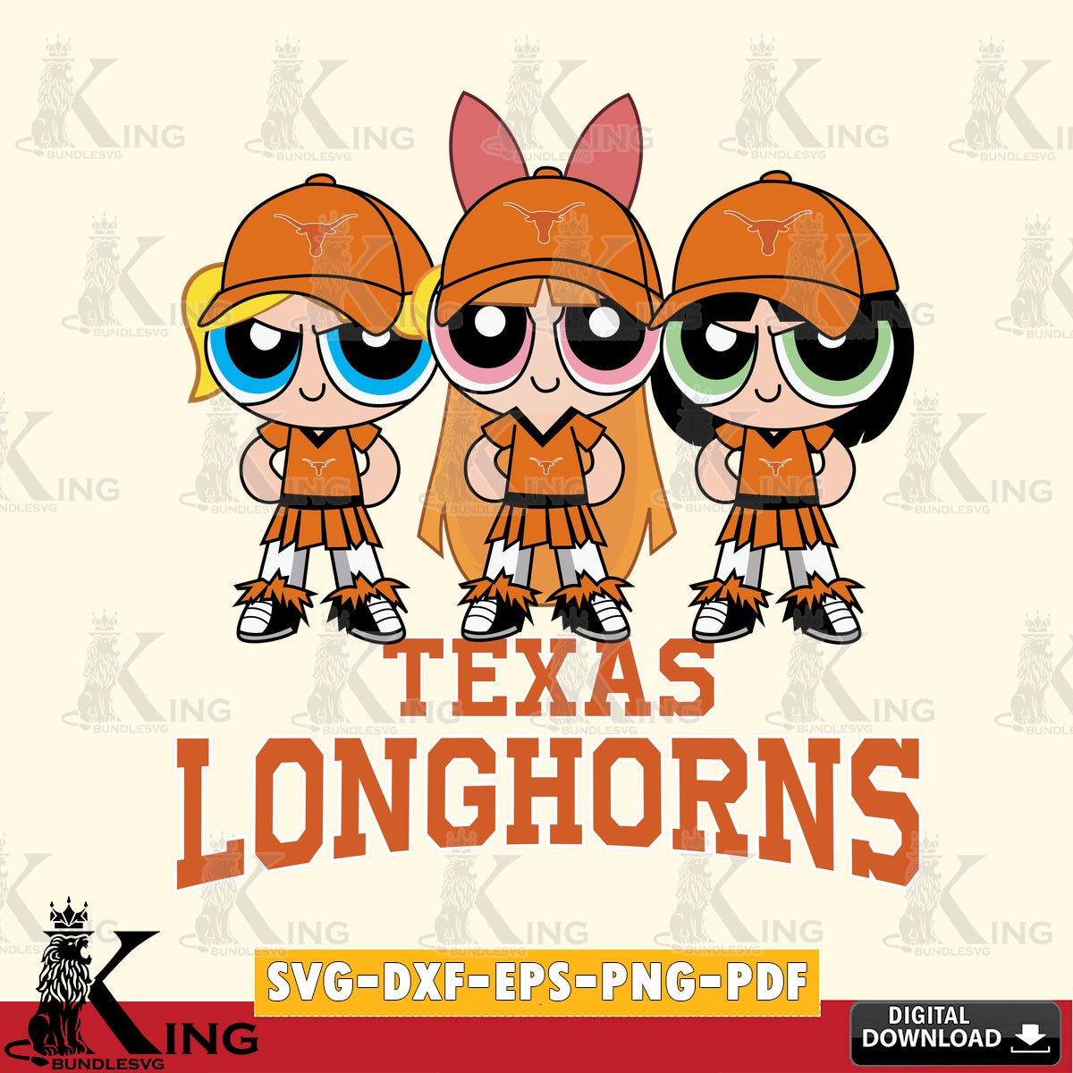 Hand-drawn style art of Texas Longhorns PowerPuff Girls football, versatile clip art for stickers, decals, and mugs.