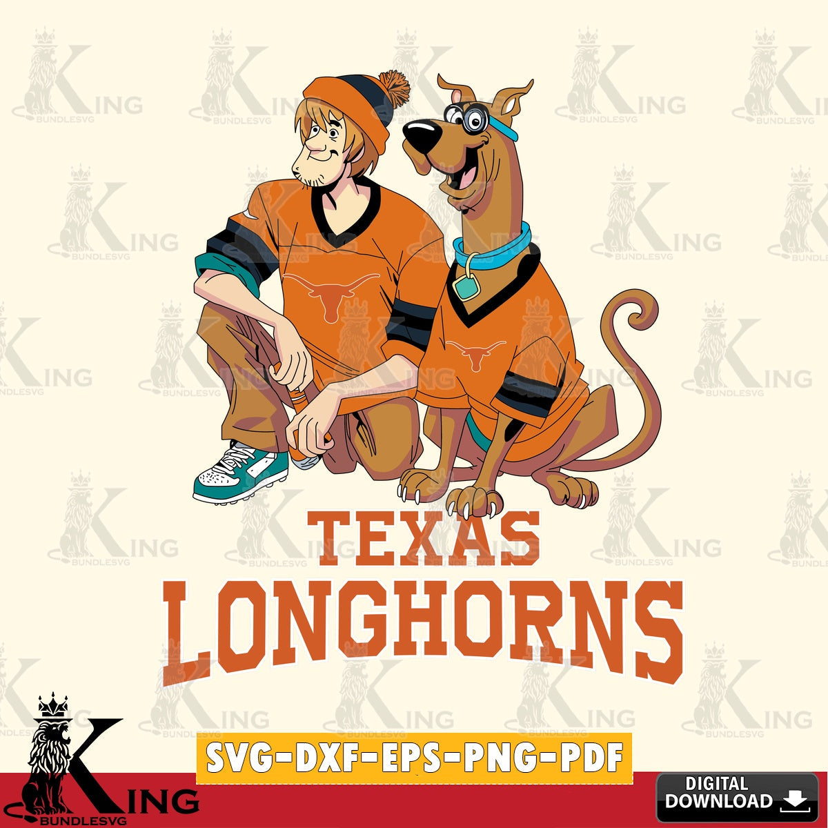 Artistic drawing of Texas Longhorns Shaggy and Scooby Doo football, SVG cut file for personalized gifts and laser projects