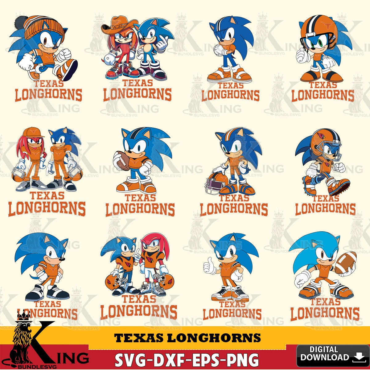 Jumbo collection of Texas Longhorns Sonic & Knuckles NCAA Football Bundle SVG cut file for personalized gifts and laser projects