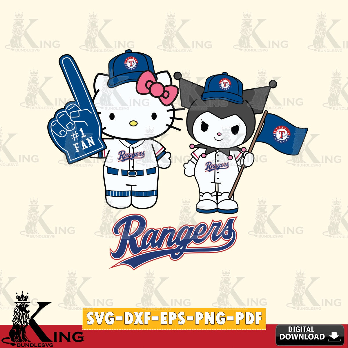 All-in-one bundle of Texas Rangers Hello Kitty Kuromi Fan Baseball for Cricut cut files, PNG clipart for sublimation printing and
