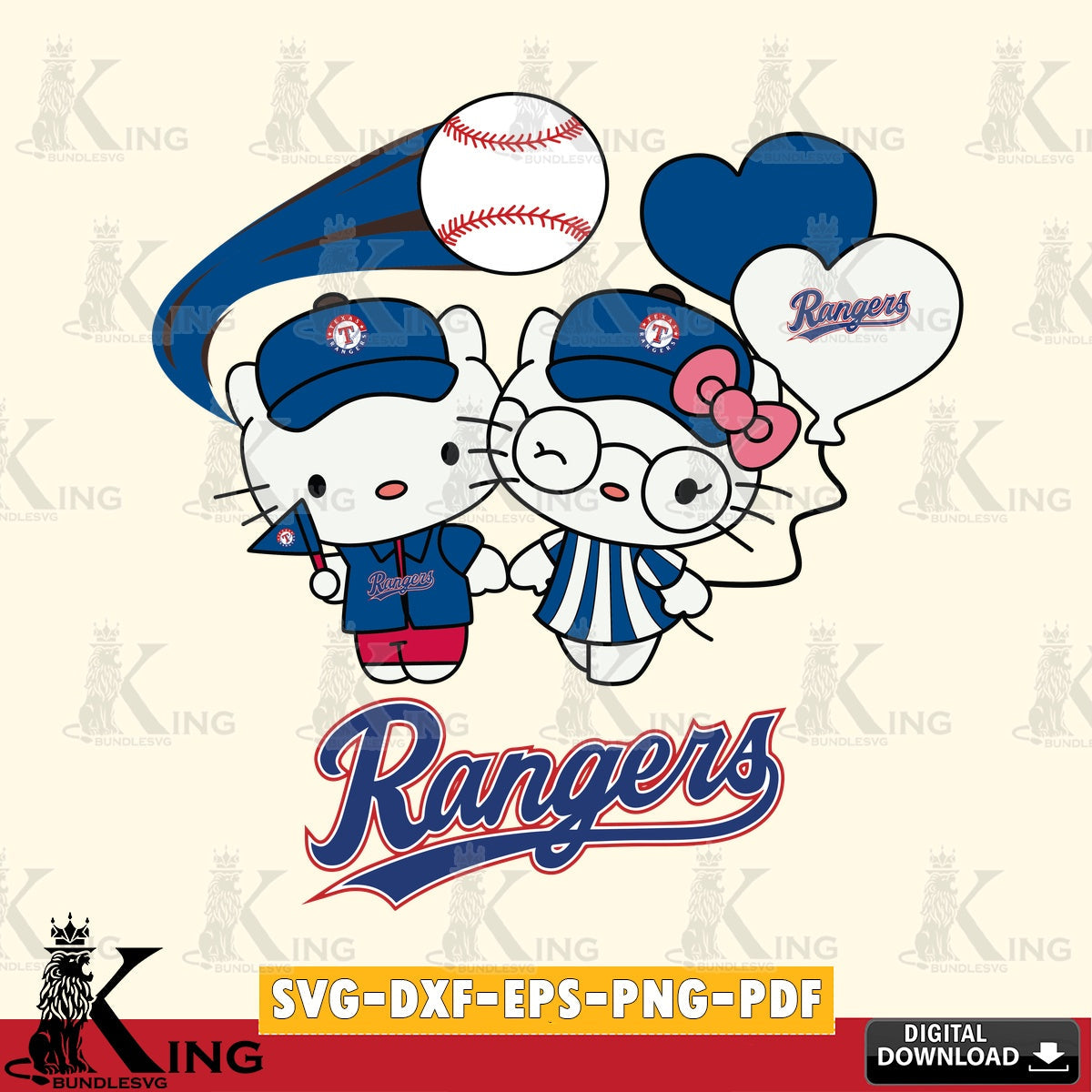 Variety pack of Texas Rangers Hello Kitty baseball couple SVG PNG files perfect for Cricut and Silhouette cutting