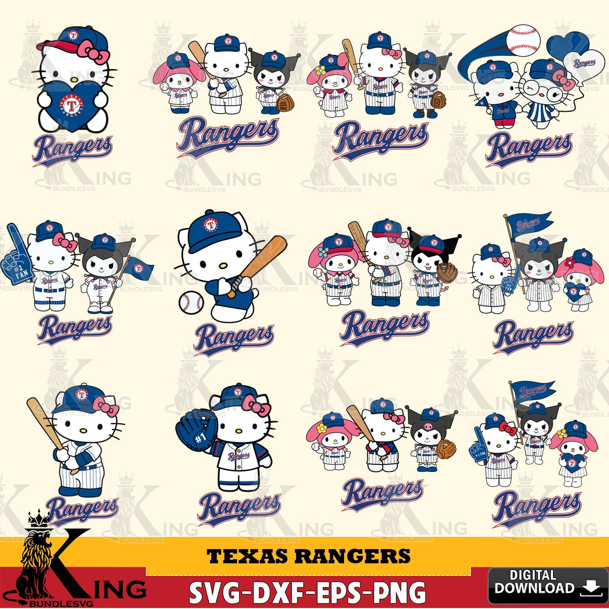 Huge collection of Texas Rangers Sanrio Squad Baseball MLB Bundle crafting file for iron-on transfer and vinyl decals