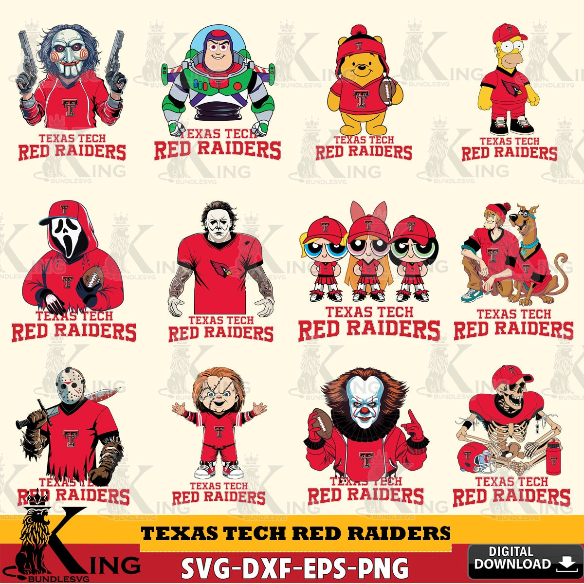 All-in-one bundle of Texas Tech Red Raiders cartoon football NCAA cut file ideal for vinyl projects and T-shirt printing