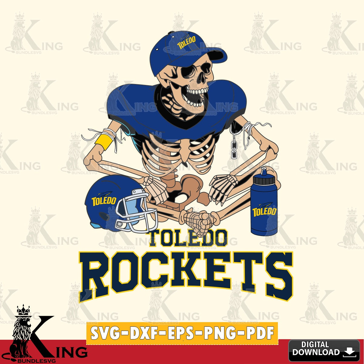 Eye-catching graphic of a Toledo Rockets skeleton player football, PNG clipart for sublimation printing and graphic design.