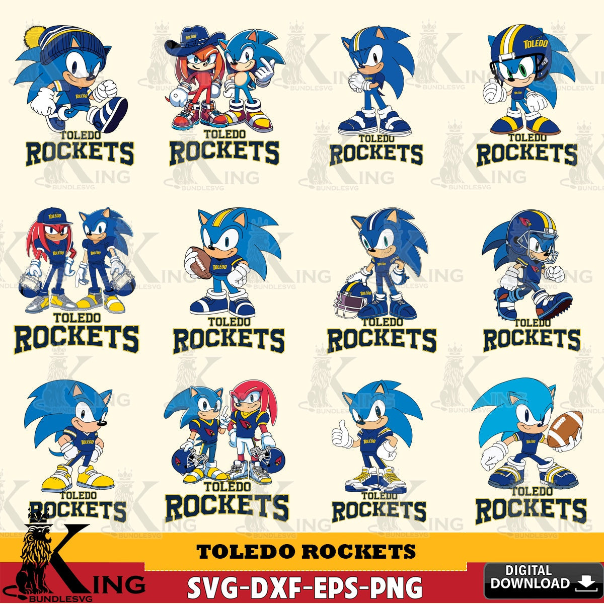 Massive pack of Toledo Rockets Sonic & Knuckles NCAA Football Bundle vector PNG clipart for sublimation printing and graphic