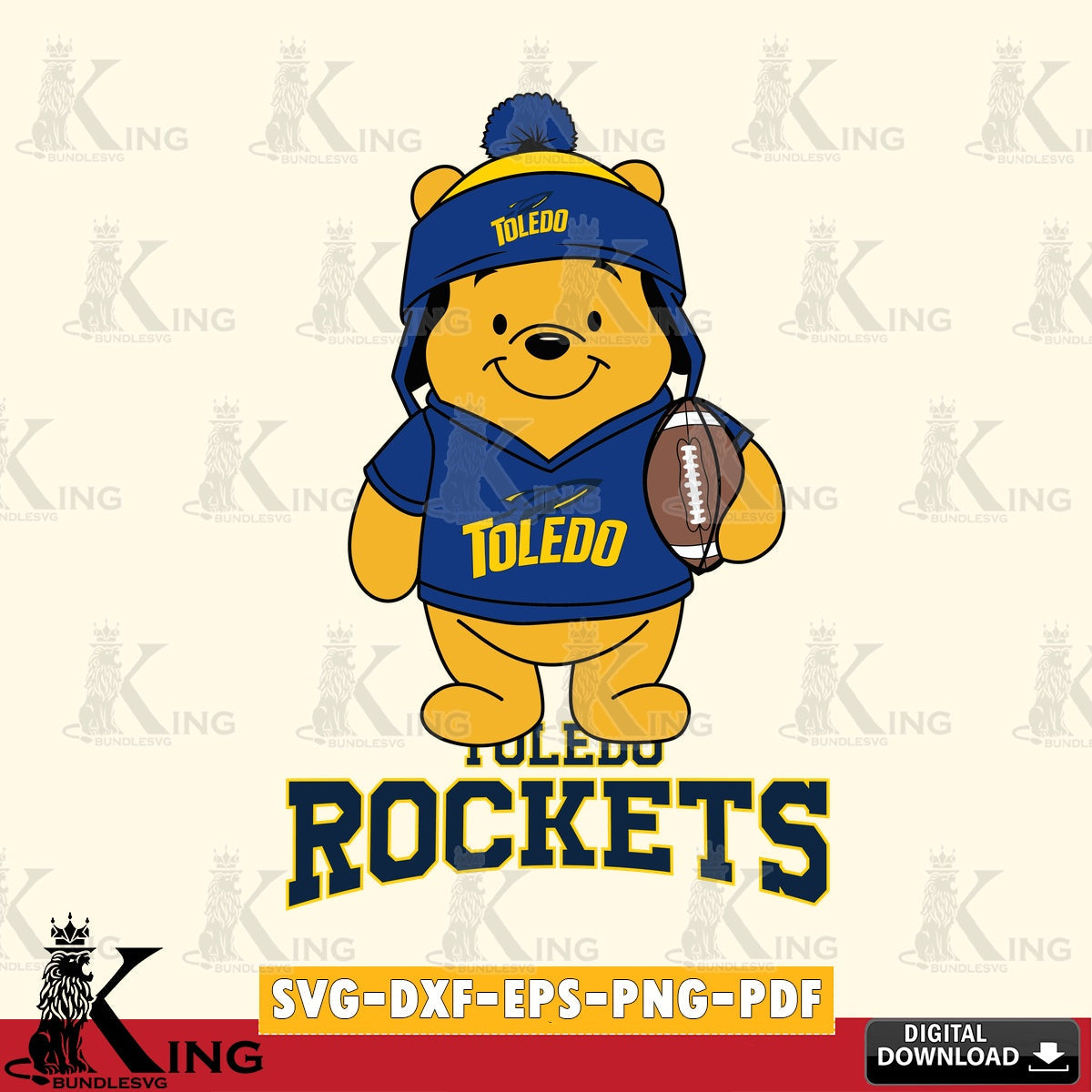 Digital download featuring Toledo Rockets Winnie the Pooh player football, cut file ideal for vinyl projects and T-shirt printing