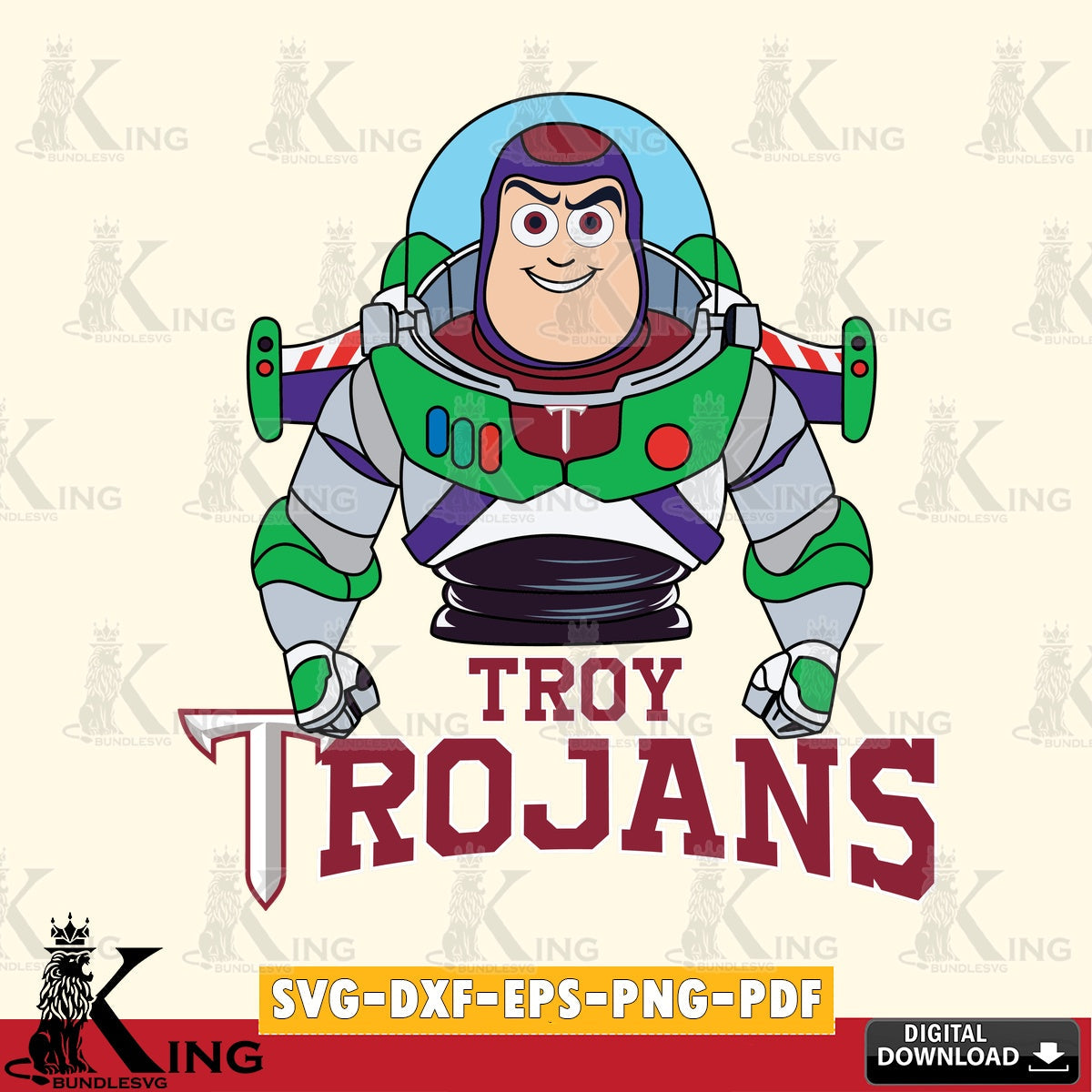 Custom design featuring Troy Trojans Buzz Lightyear football, NCAA, vector art for engraving, cutting, and printing