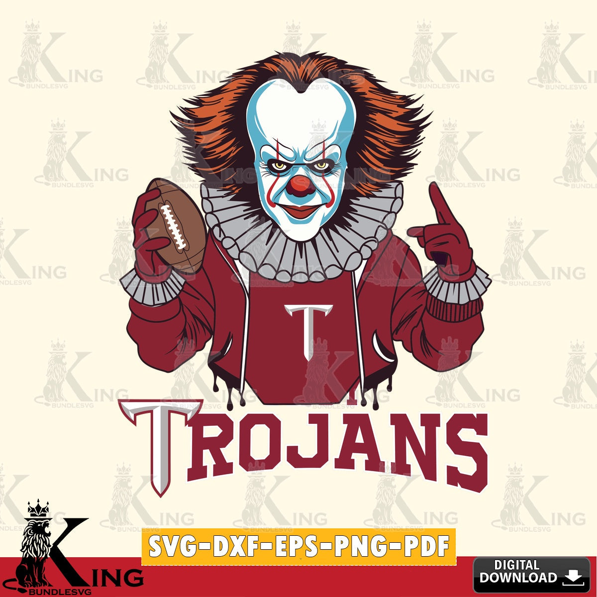Digital download featuring a Troy Trojans Pennywise player football NCAA crafting file for iron-on transfer and vinyl decals.