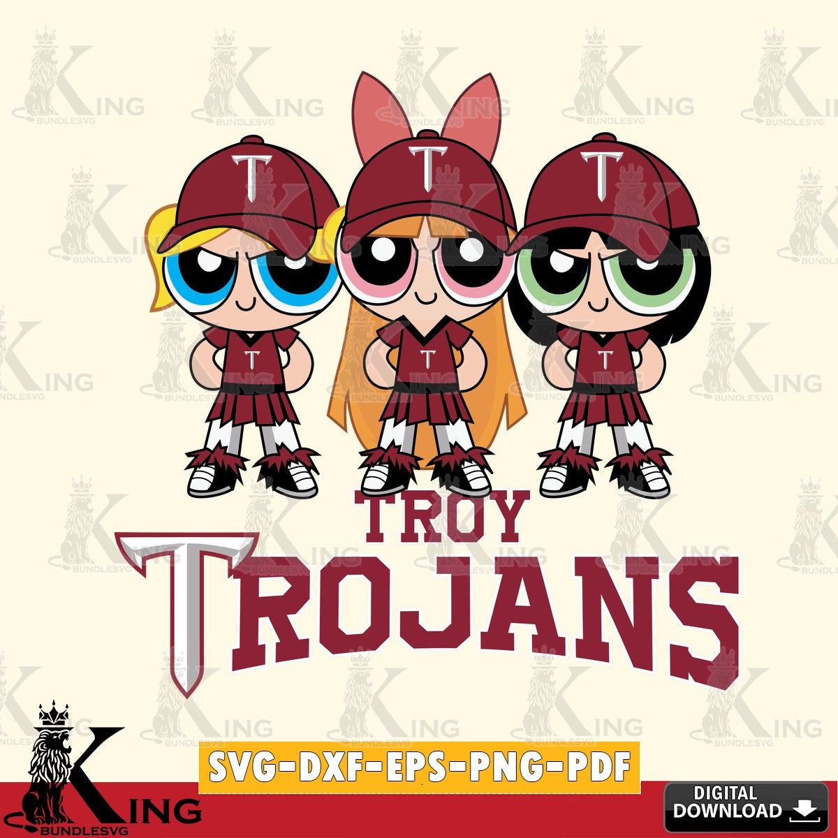 Eye-catching graphic of Troy Trojans PowerPuff Girls Football, NCAA cut, PNG clipart for sublimation printing and graphic design
