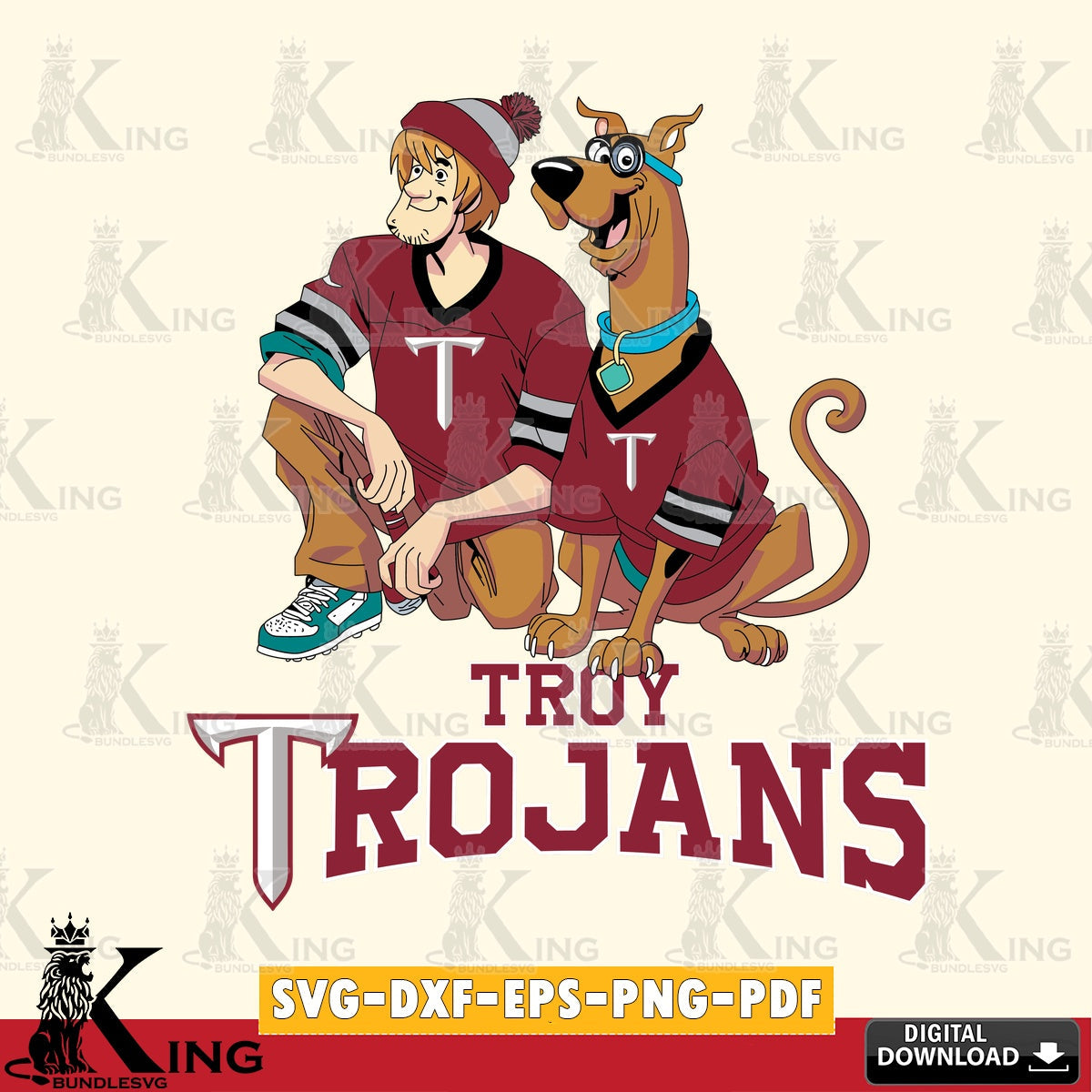 Custom design featuring Troy Trojans Shaggy and Scooby Doo football, a digital clipart compatible with laser engraving and