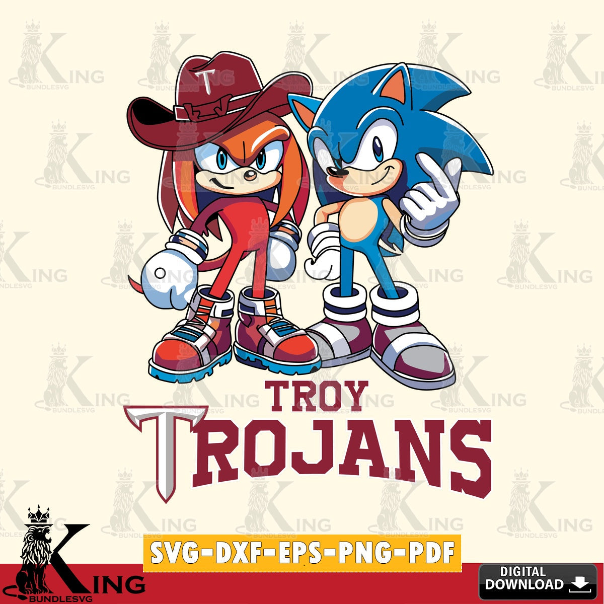 Unique artwork depicting Troy Trojans Sonic & Knuckles Football Mascot, a cut file ideal for vinyl projects and T-shirt printing