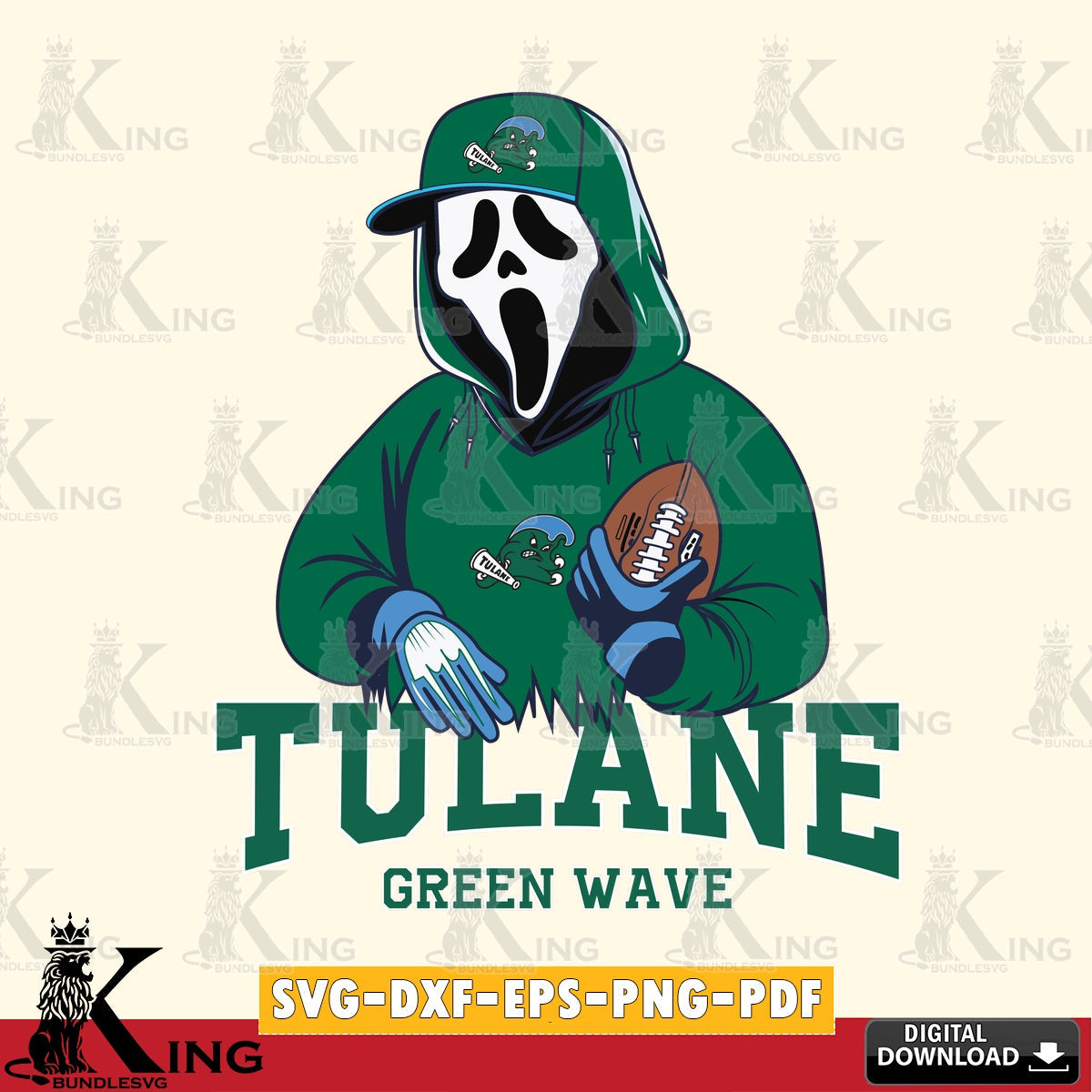 Vector design showing Tulane Green Wave Ghostface Scream player Football, SVG PNG design suitable for Glowforge and laser cutting