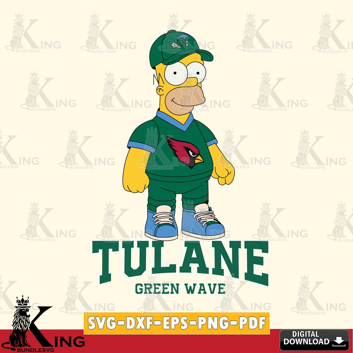 Hand-drawn style art of Tulane Green Wave Homer Simpson Football, NCAA cut SVG PNG files perfect for Cricut and Silhouette cutting