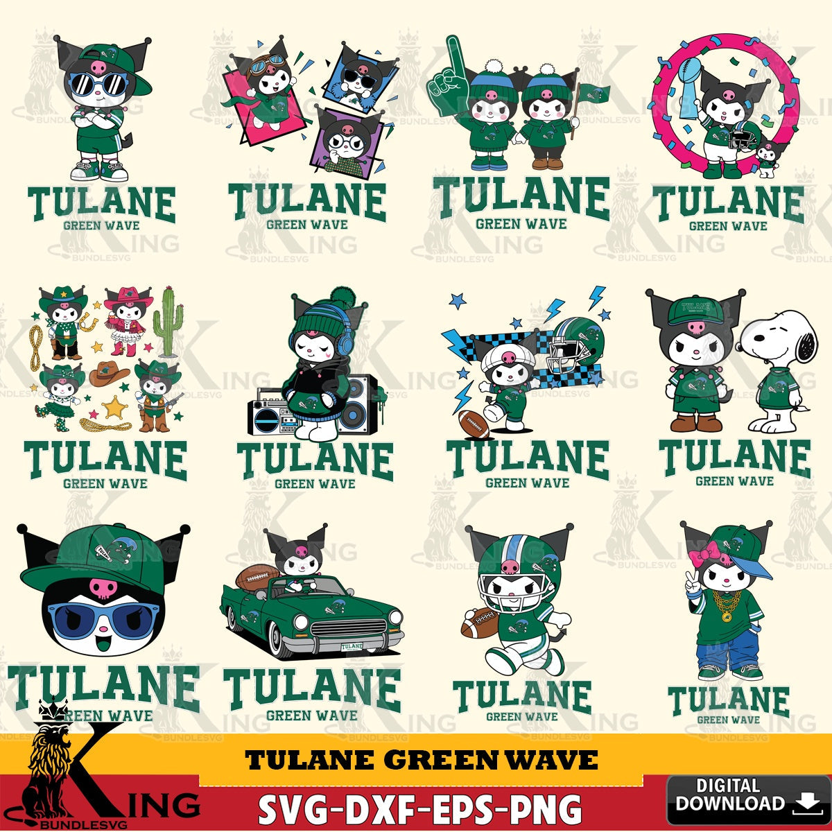 Tulane Green Wave Kuromi Football Jersey NCAA Bundle SVG file, Cricut, Cut file , Digital Download , Instant Download, Sanrio svg, Clipart