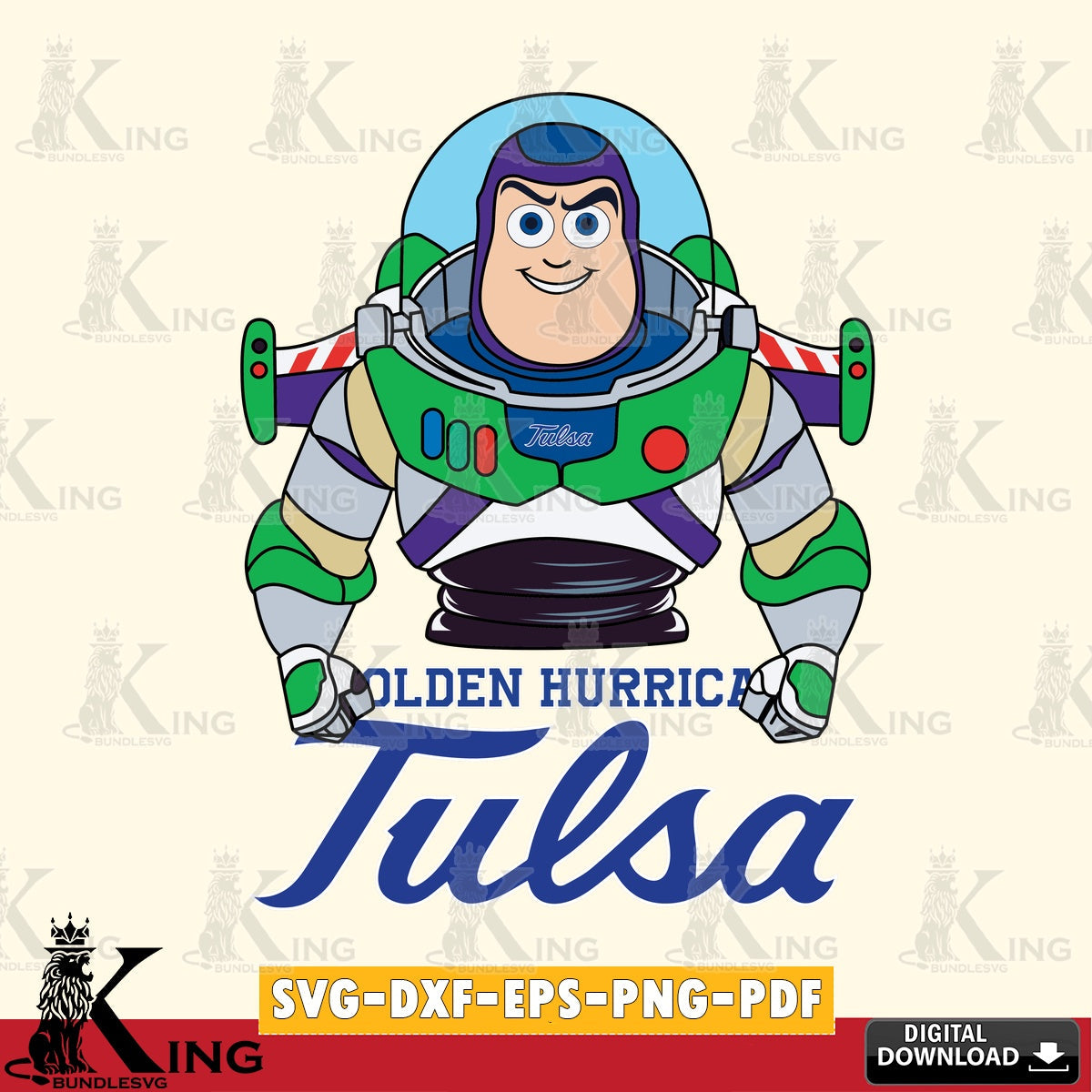Hand-drawn style art of Tulsa Golden Hurricane Buzz Lightyear football, NCAA, vector art for engraving, cutting, and printing