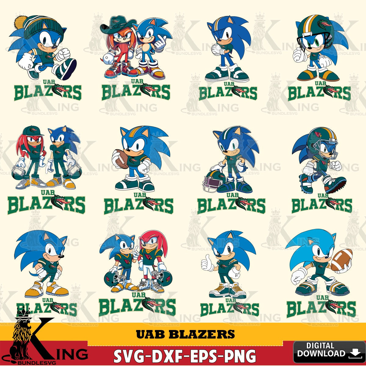 Giant set featuring UAB Blazers Sonic & Knuckles NCAA Football Bundle, SVG cut file for personalized gifts and laser projects