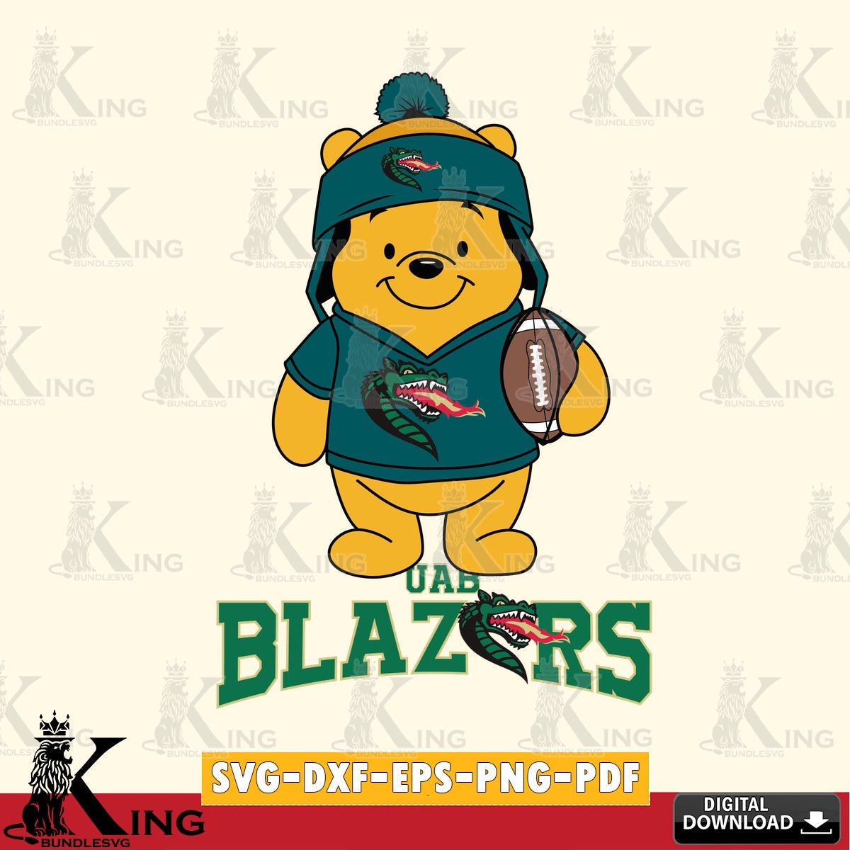 Unique artwork depicting UAB Blazers Winnie the Pooh player football, a printable vector design for sublimation and crafts