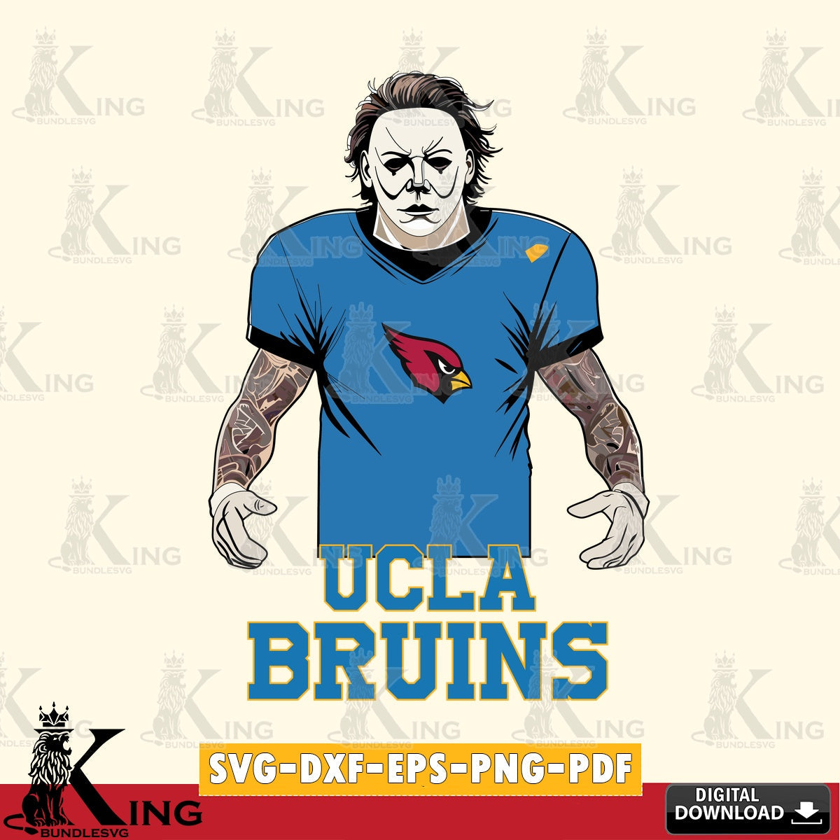 Vector design showing UCLA Bruins Michael Myers tattoo football, cut file ideal for vinyl projects and T-shirt printing