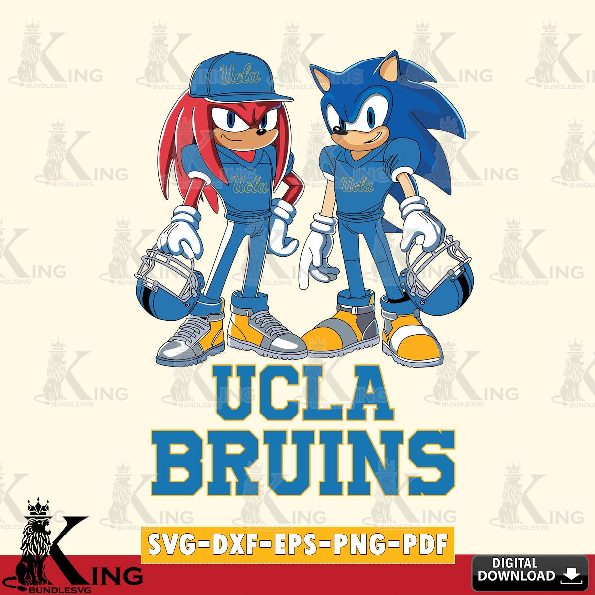 Digital download featuring UCLA Bruins Sonic And Knuckles player football, a crafting file for iron-on transfer and vinyl decals.