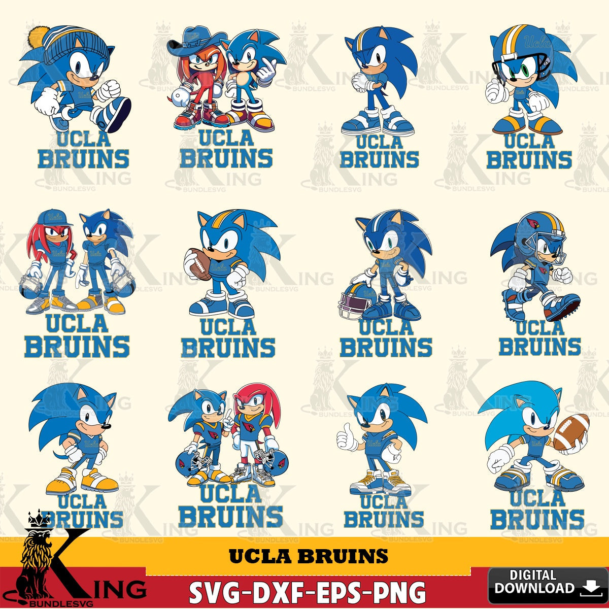 Jumbo collection of UCLA Bruins Sonic & Knuckles NCAA Football Bundle vector digital file for silhouette cameo and cricut projects