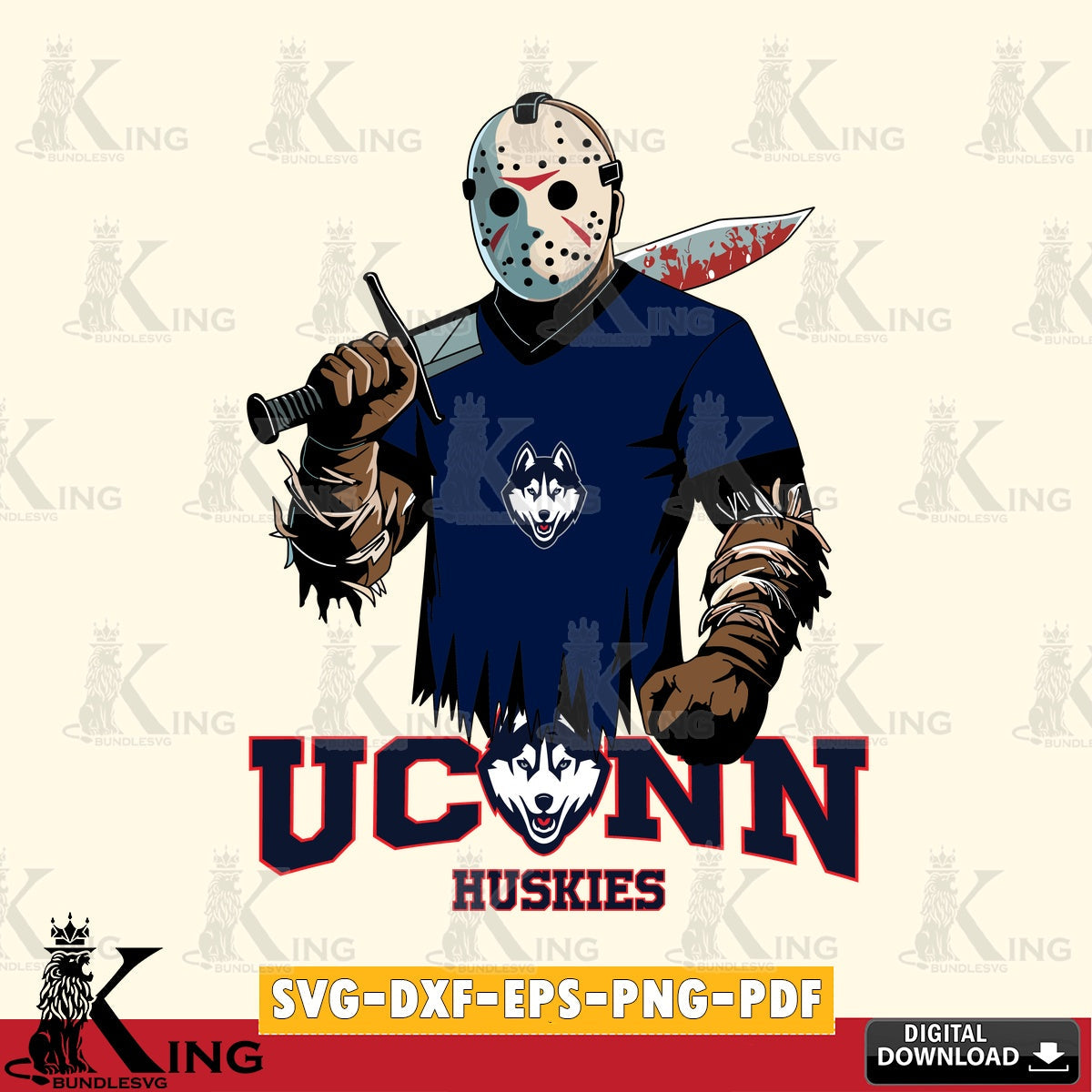 Beautiful illustration of UConn Huskies Jason Voorhees football, a digital clipart compatible with laser engraving and cutting