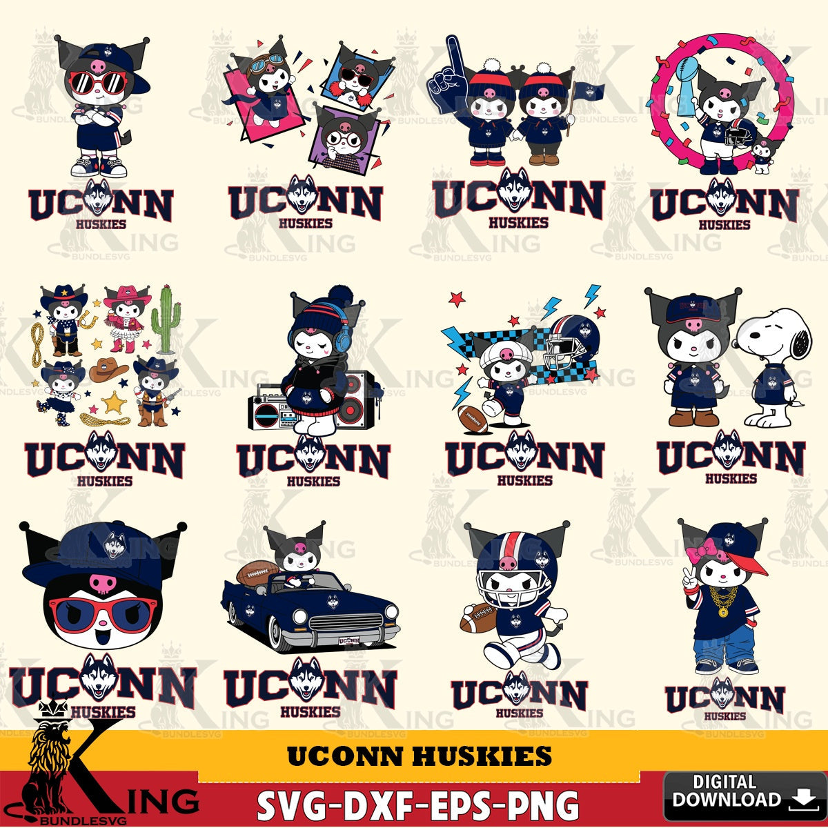 UConn Huskies Kuromi Football Jersey NCAA Bundle SVG file, Cricut, Cut file , Digital Download , Instant Download, Sanrio svg, Clipart