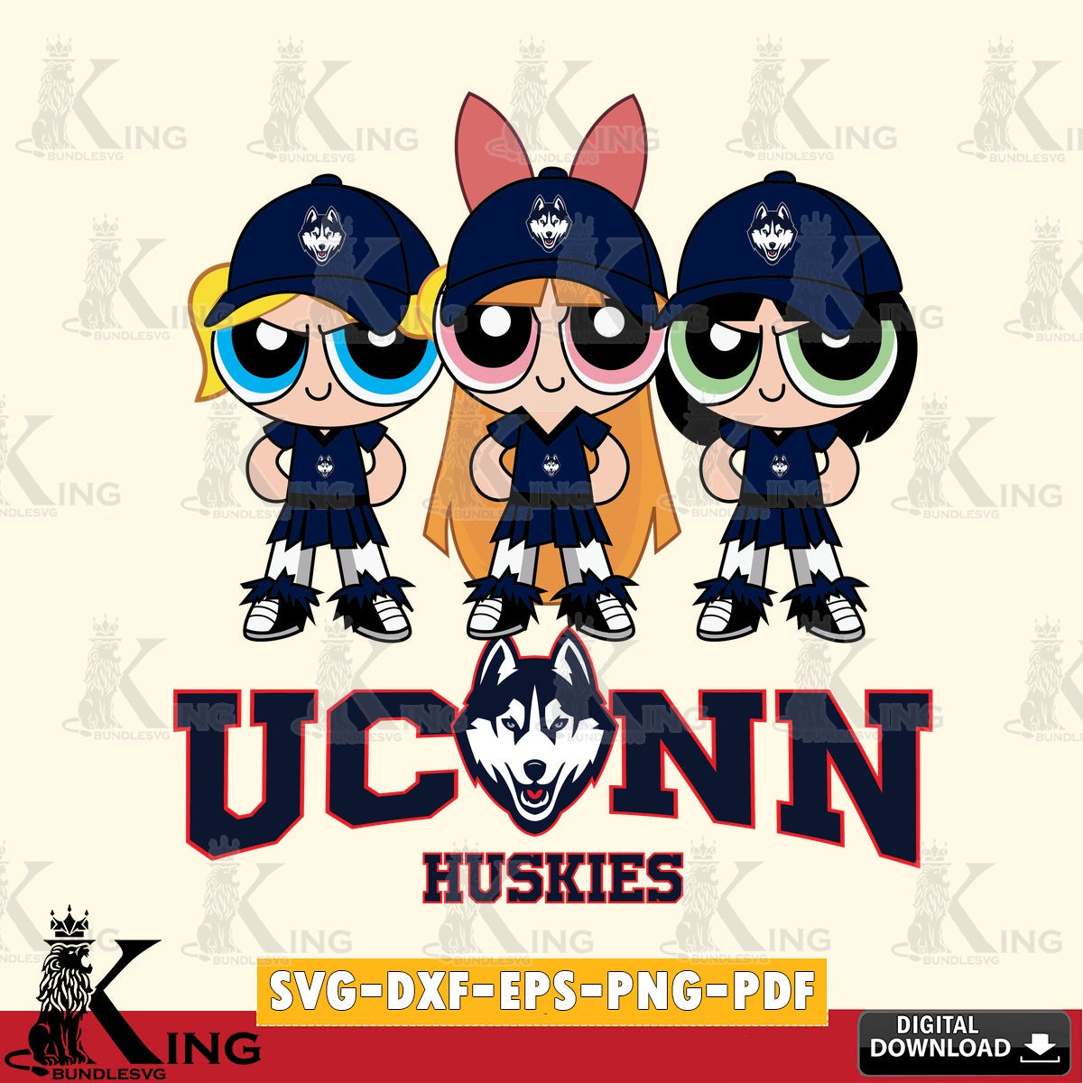 Digital download featuring UConn Huskies PowerPuff Girls football SVG cut file for personalized gifts and laser projects