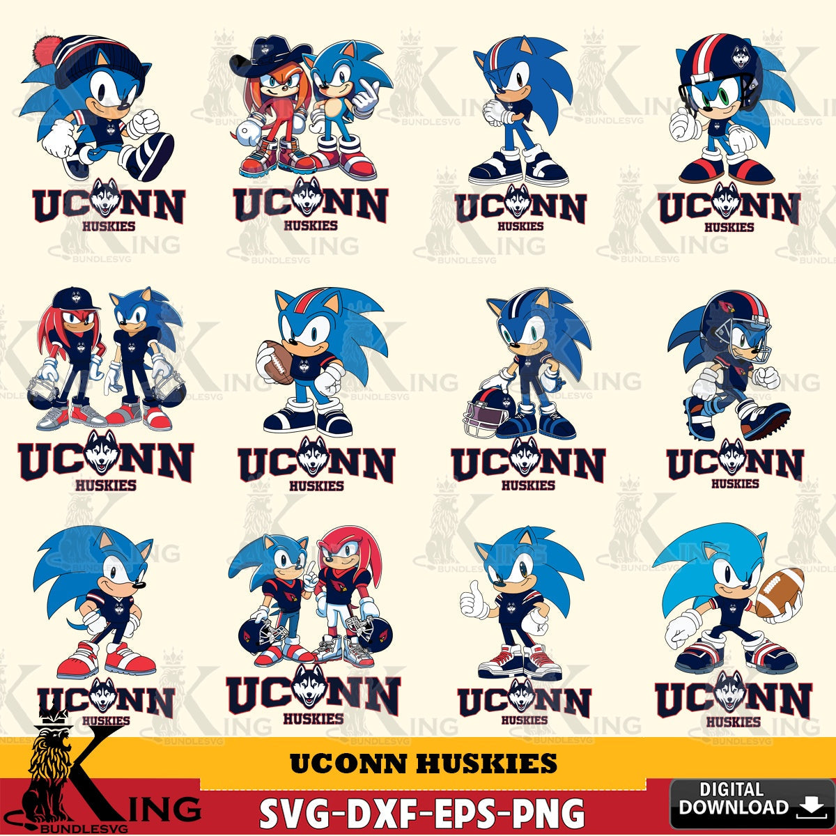 Massive pack of UConn Huskies Sonic & Knuckles NCAA Football Bundle vector digital clipart compatible with laser engraving and