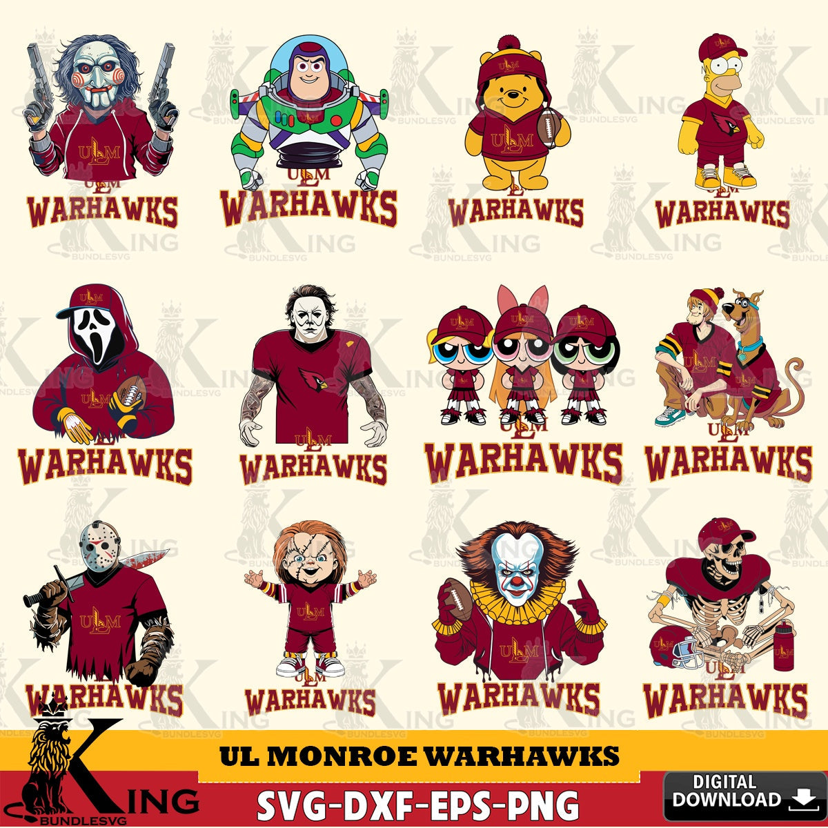 Variety pack of UL Monroe Warhawks Cartoon Football NCAA Bundle SVG PNG design suitable for Glowforge and laser cutting
