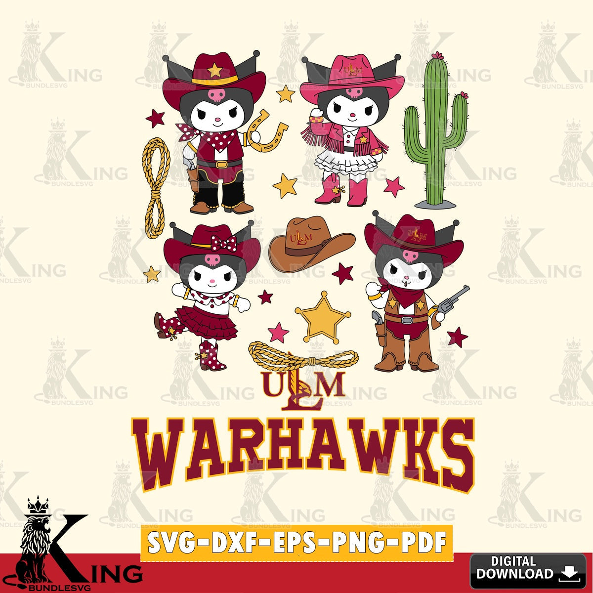 UL Monroe Warhawks Kuromi Cowboy Western SVG file, Cricut, Cut file , Digital Download , Instant Download, Sanrio svg, Clipart