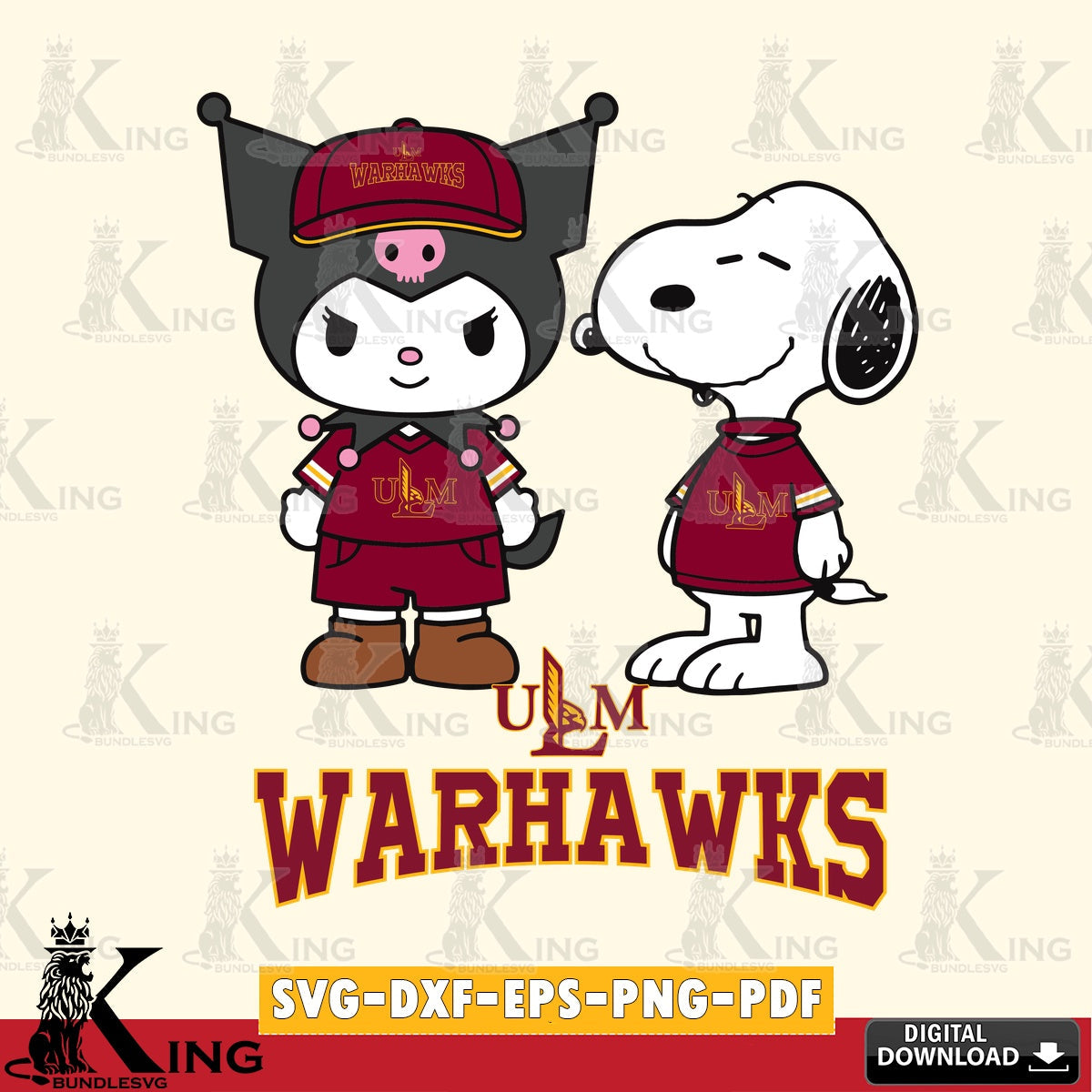 UL Monroe Warhawks Kuromi Snoopy Football SVG file, Cricut, Cut file , Digital Download , Instant Download, Sanrio svg, Clipart