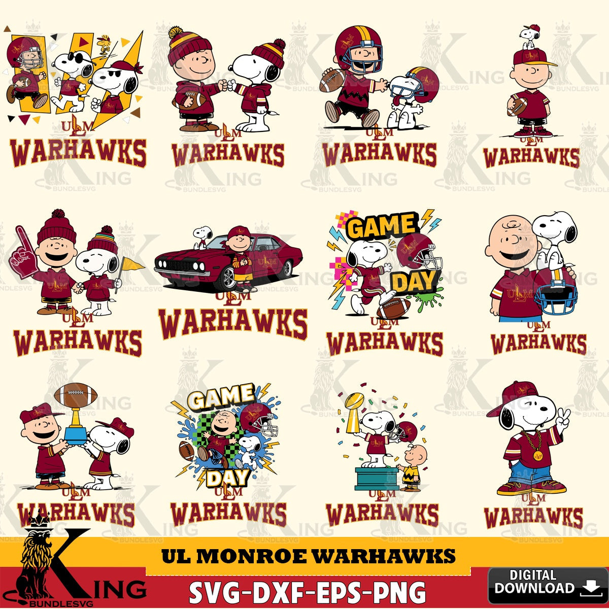 UL Monroe Warhawks Peanuts Football NCAA Bundle SVG, Cricut, Cut file , Digital Download , Instant Download, Peanuts svg, NCAA svg, Football svg, Sport svg