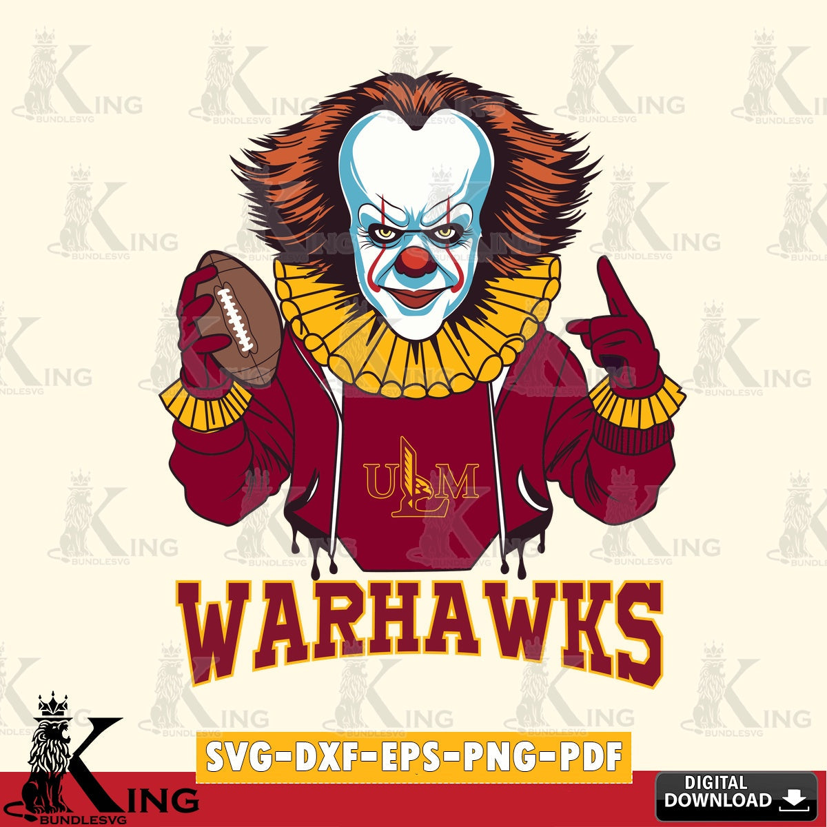 Eye-catching graphic of a UL Monroe Warhawks Pennywise football player, a crafting file for iron-on transfer and vinyl decals.
