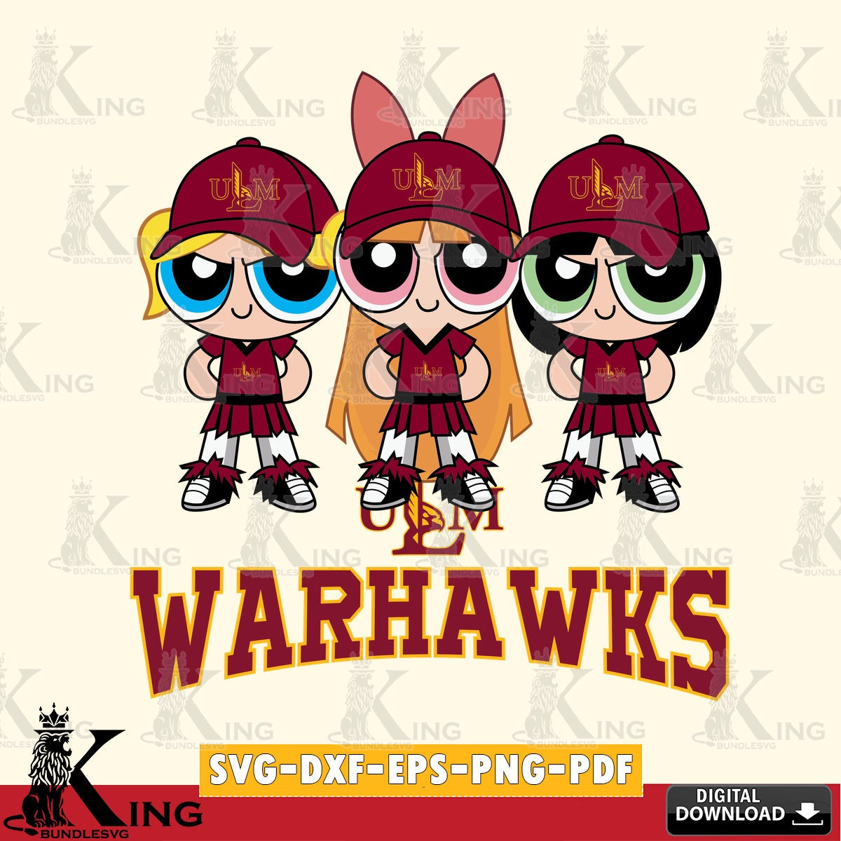 Modern graphic depicting UL Monroe Warhawks PowerPuff Girls Football, vector illustration for POD merchandise and apparel