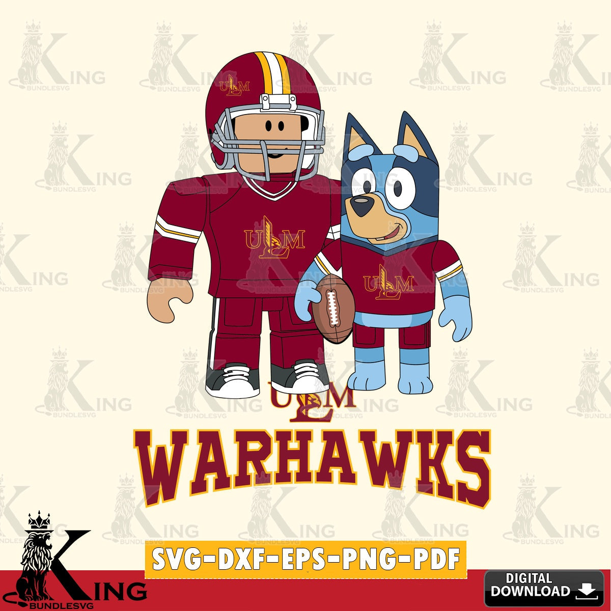 UL Monroe Warhawks Roblox & Bluey Football SVG file , NCAA Cricut, File cut , Digital Download , PDF File