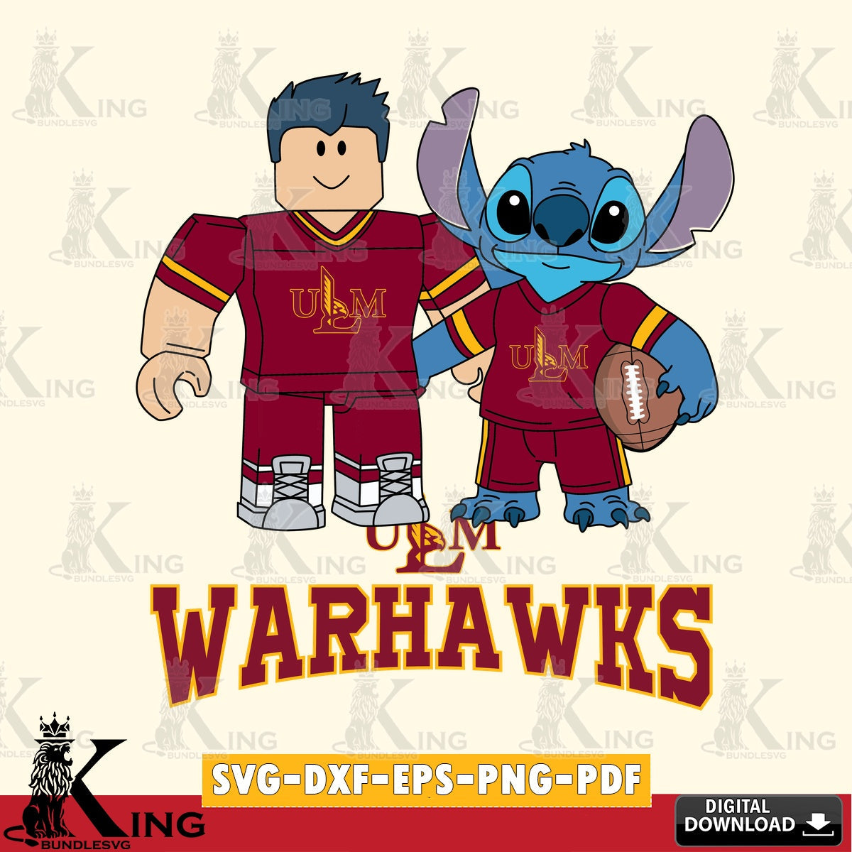 UL Monroe Warhawks Roblox & Stitch Football SVG file , NCAA Cricut, File cut , Digital Download , PDF File